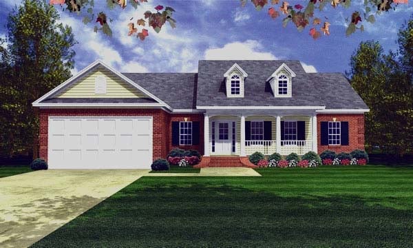 Country, Ranch, Southern, Traditional Plan with 1509 Sq. Ft., 3 Bedrooms, 2 Bathrooms, 3 Car Garage Elevation