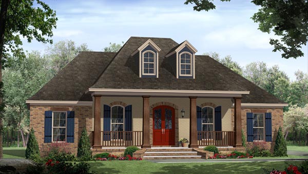 Acadian, Country, European, French Country Plan with 1641 Sq. Ft., 3 Bedrooms, 2 Bathrooms, 2 Car Garage Elevation