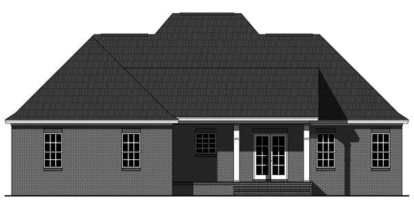 Acadian, Country, European, French Country Plan with 1641 Sq. Ft., 3 Bedrooms, 2 Bathrooms, 2 Car Garage Rear Elevation