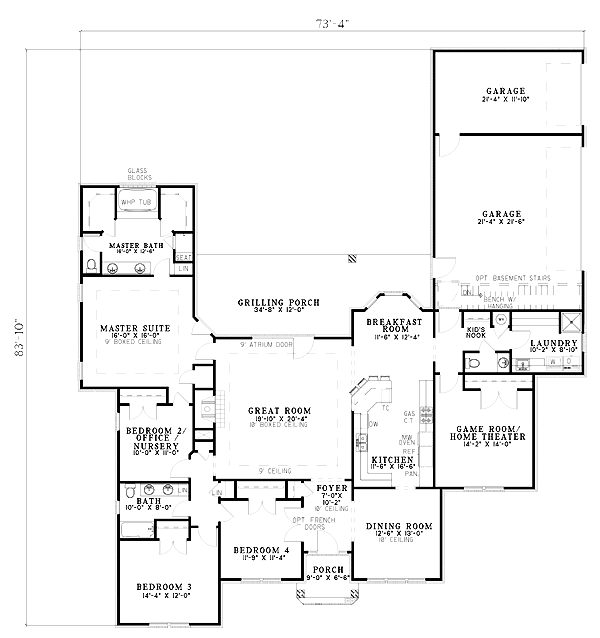 Plan 61240 | One-Story Style with 4 Bed, 3 Bath, 3 Car Garage