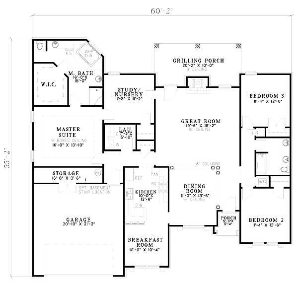 Plan 61253 | One-Story Style with 3 Bed, 2 Bath, 2 Car Garage