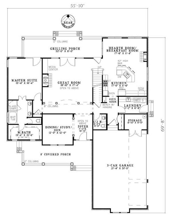 Plan 61347 | with 4 Bed, 2 Bath, 3 Car Garage