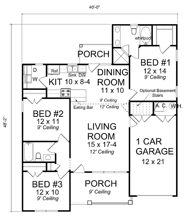 Plan 61408 | Traditional Style with 3 Bed, 2 Bath, 1 Car Garage