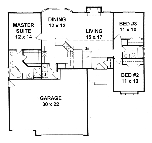 Plan 62556 | Traditional Style with 3 Bed, 2 Bath, 3 Car Garage