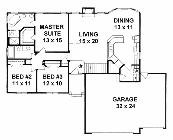 Plan 62577 | Traditional Style with 3 Bed, 2 Bath, 3 Car Garage