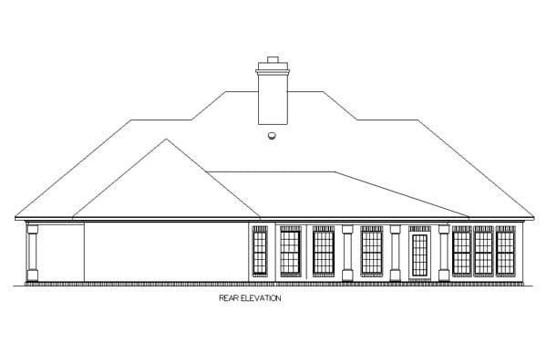 European, One-Story Plan with 2000 Sq. Ft., 3 Bedrooms, 2 Bathrooms, 2 Car Garage Rear Elevation