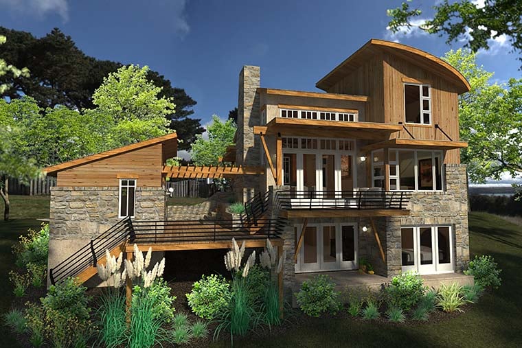 Contemporary, Cottage, Craftsman, Modern, Tuscan Plan with 985 Sq. Ft., 2 Bedrooms, 2 Bathrooms, 1 Car Garage Rear Elevation
