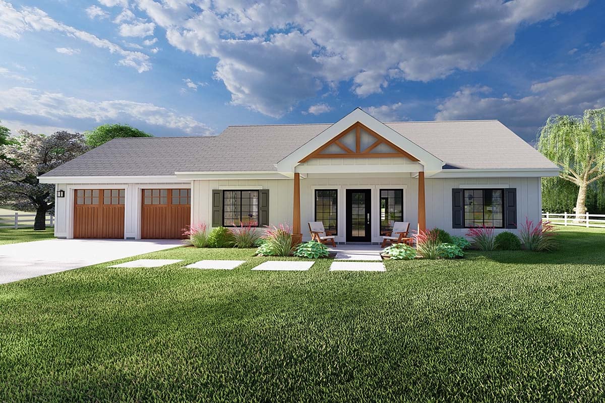 Country, Craftsman, Farmhouse, Ranch Plan with 1232 Sq. Ft., 2 Bedrooms, 2 Bathrooms, 2 Car Garage Elevation