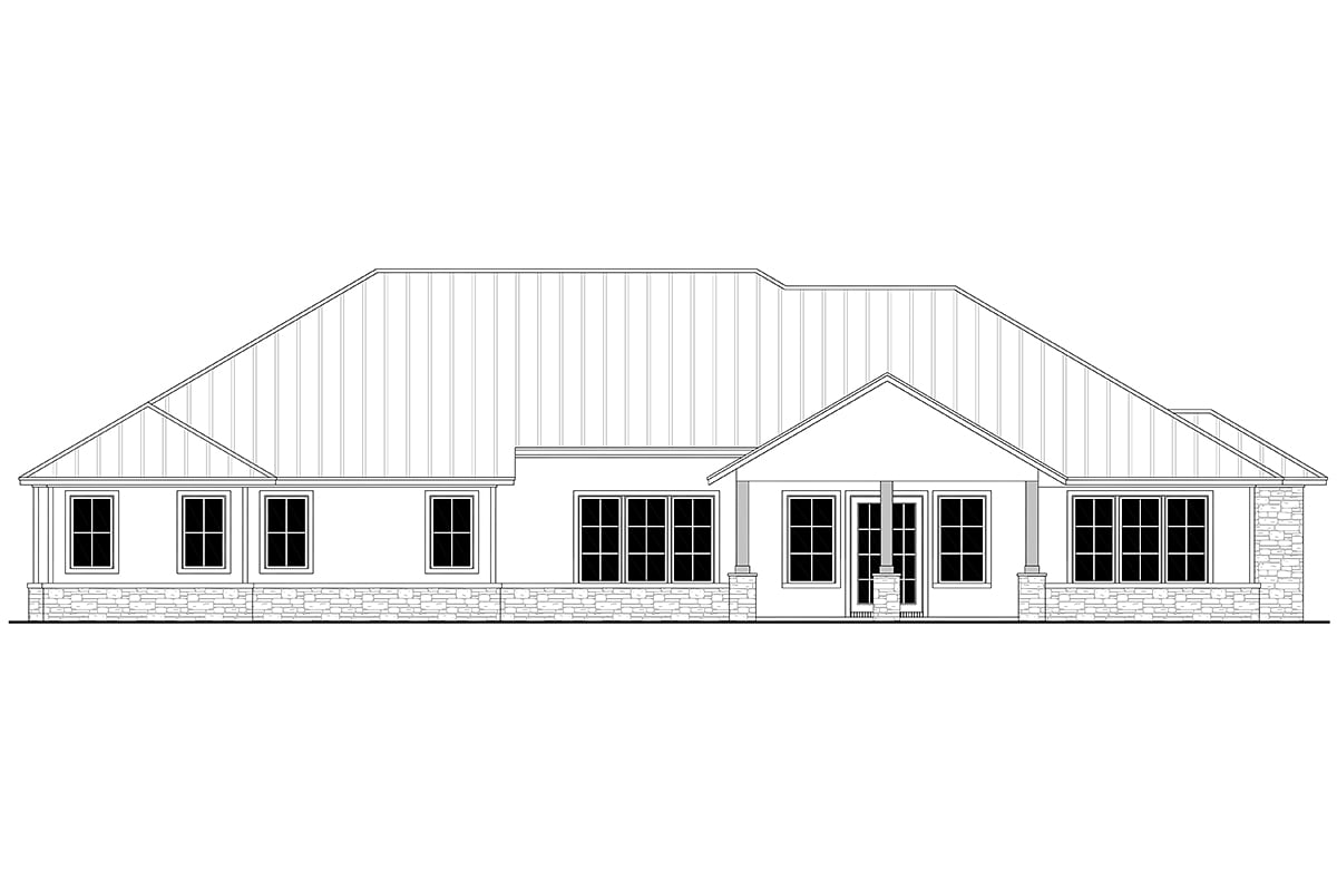 Country, Farmhouse, Ranch Plan with 2974 Sq. Ft., 3 Bedrooms, 4 Bathrooms, 3 Car Garage Rear Elevation
