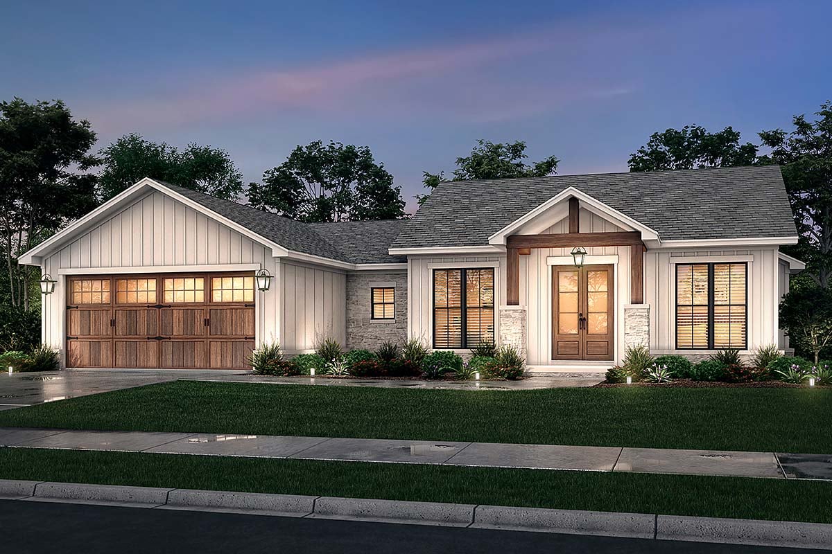 Bungalow, Country, Craftsman, Farmhouse, Ranch Plan with 1599 Sq. Ft., 3 Bedrooms, 3 Bathrooms, 2 Car Garage Elevation