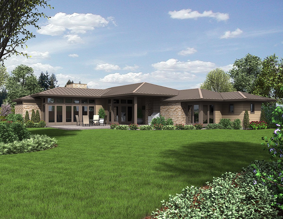 Contemporary, Modern, Prairie Style Plan with 2159 Sq. Ft., 3 Bedrooms, 3 Bathrooms, 2 Car Garage Rear Elevation