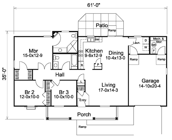 Plan 87398 | Ranch Style with 3 Bed, 2 Bath, 1 Car Garage