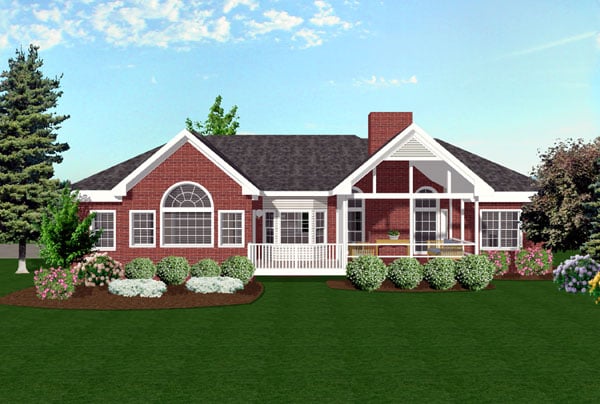 European, Ranch, Traditional Plan with 1992 Sq. Ft., 3 Bedrooms, 3 Bathrooms, 3 Car Garage Rear Elevation