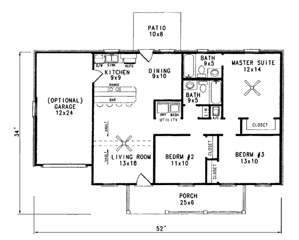 Plan 96538 | Ranch Style with 3 Bed, 2 Bath, 1 Car Garage