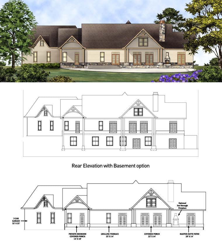 Country, Craftsman, Traditional, Tudor Plan with 2498 Sq. Ft., 3 Bedrooms, 4 Bathrooms, 3 Car Garage Rear Elevation