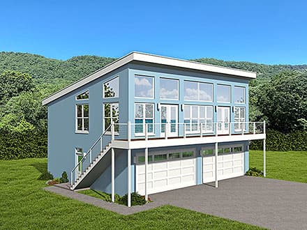Contemporary, Modern Garage-Living Plan 52156 with 2 Beds, 3 Baths, 4 Car Garage