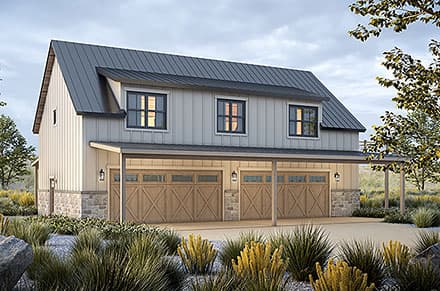 Barndominium, Country Garage-Living Plan 81488 with 2 Beds, 1 Baths, 4 Car Garage