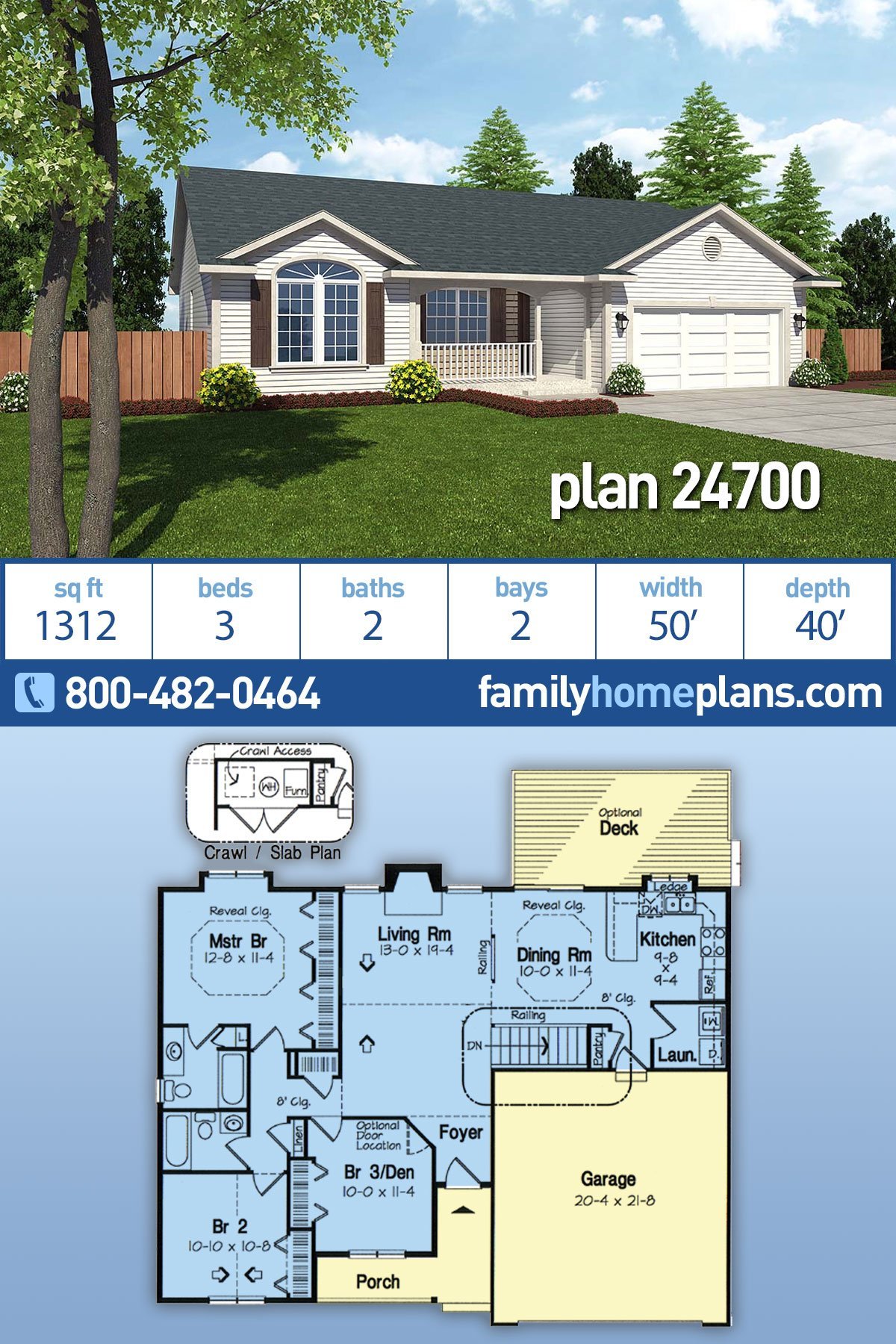 Plan 24700 | Affordable Ranch House Plan #24700 has 3 Beds, 2 Bat