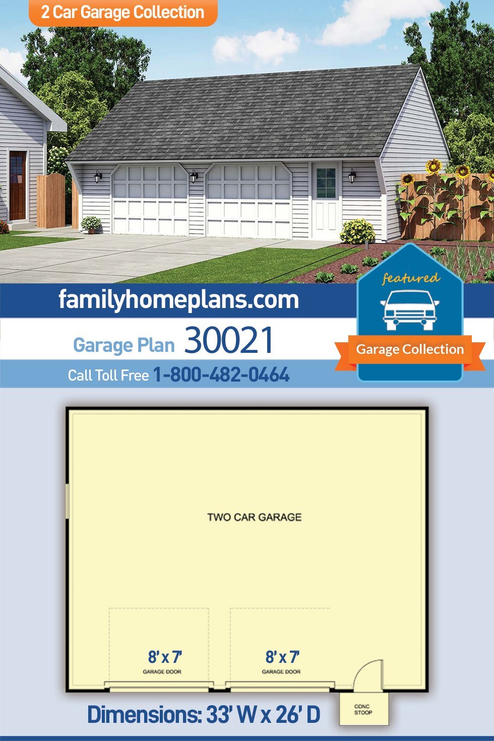 Garage Plan 30021 - 2 Car Garage