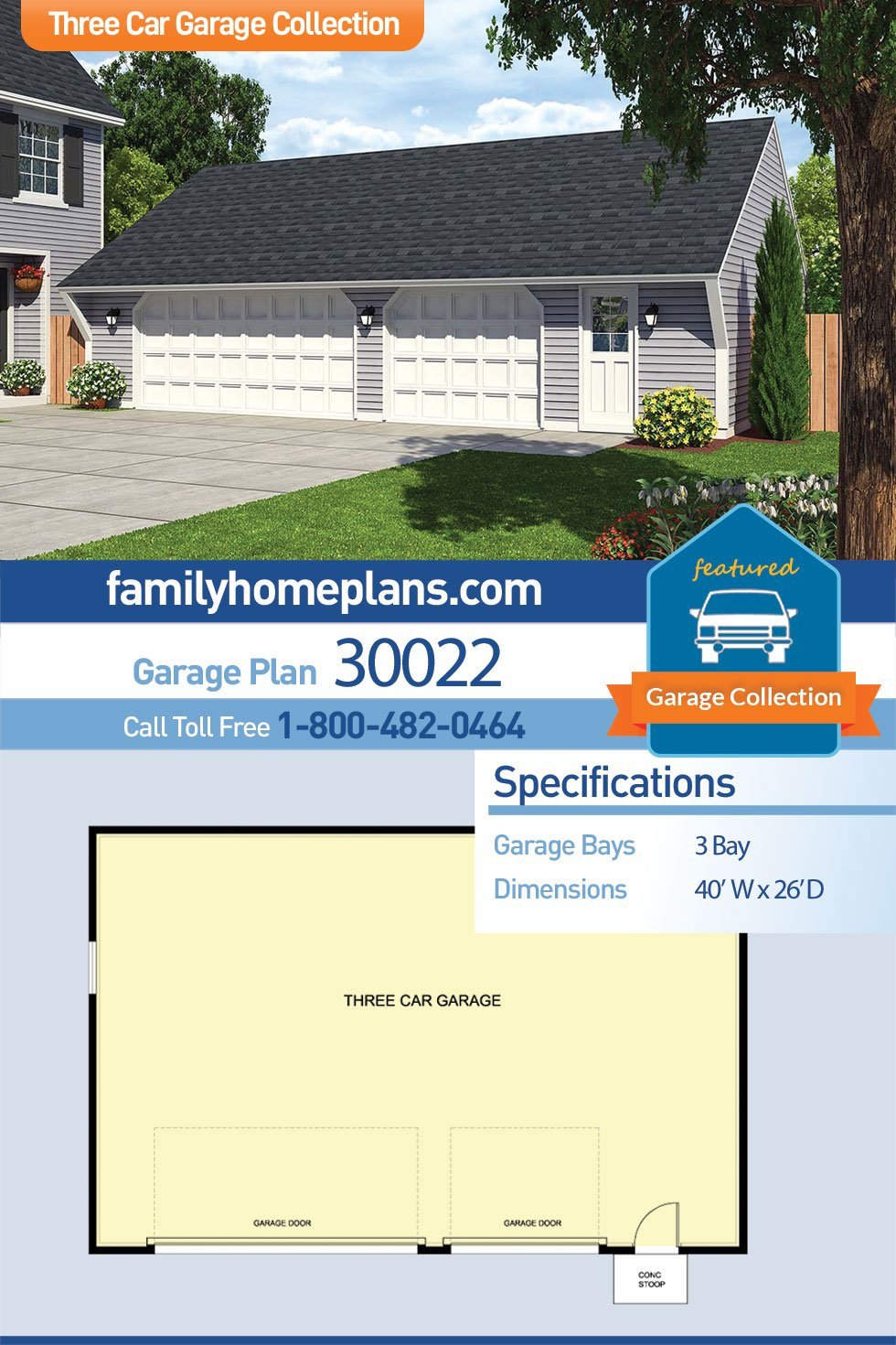 Garage Plan 30022 - 3 Car Garage