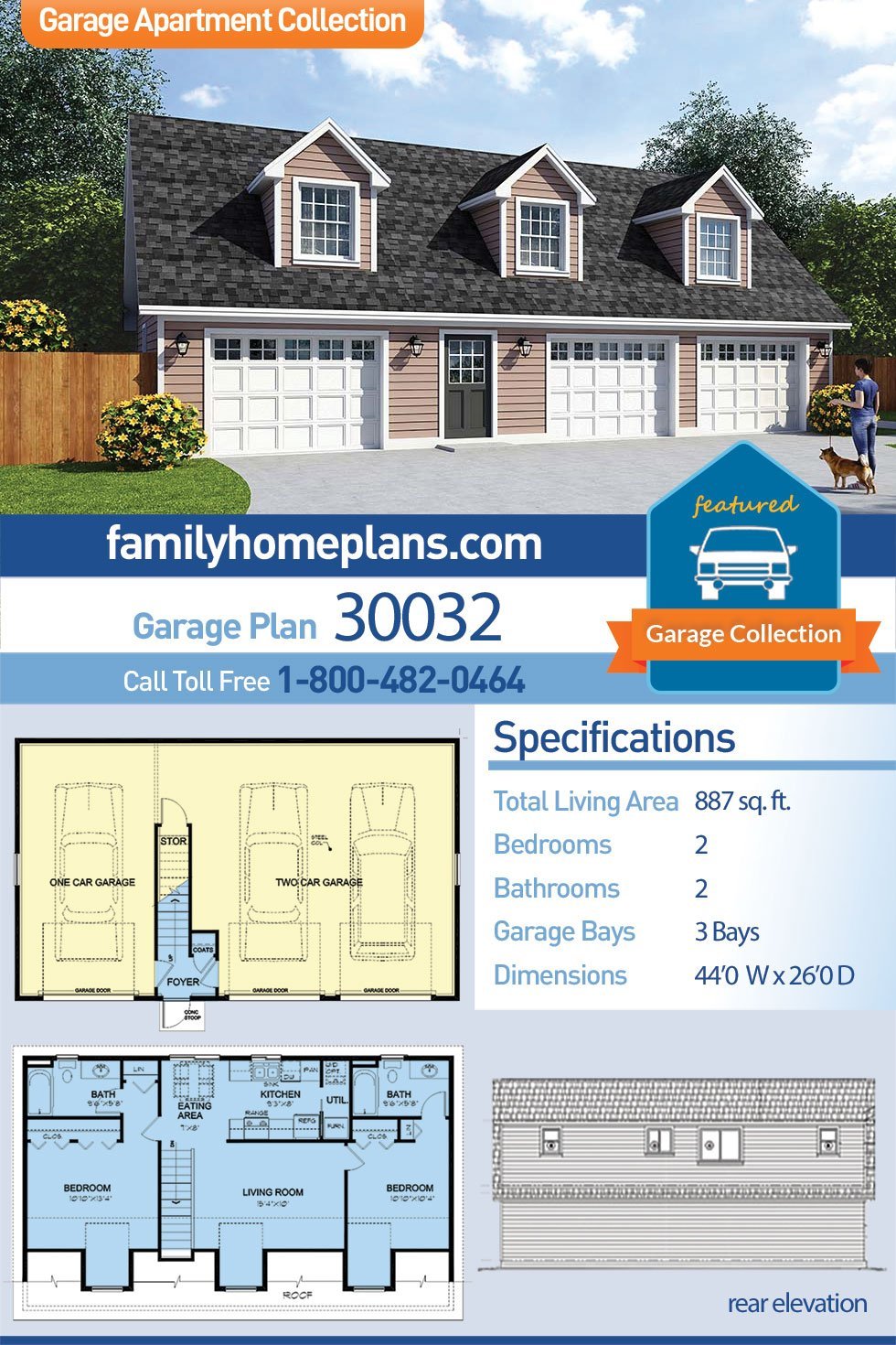 Garage Plan 30032 - 3 Car Garage Apartment