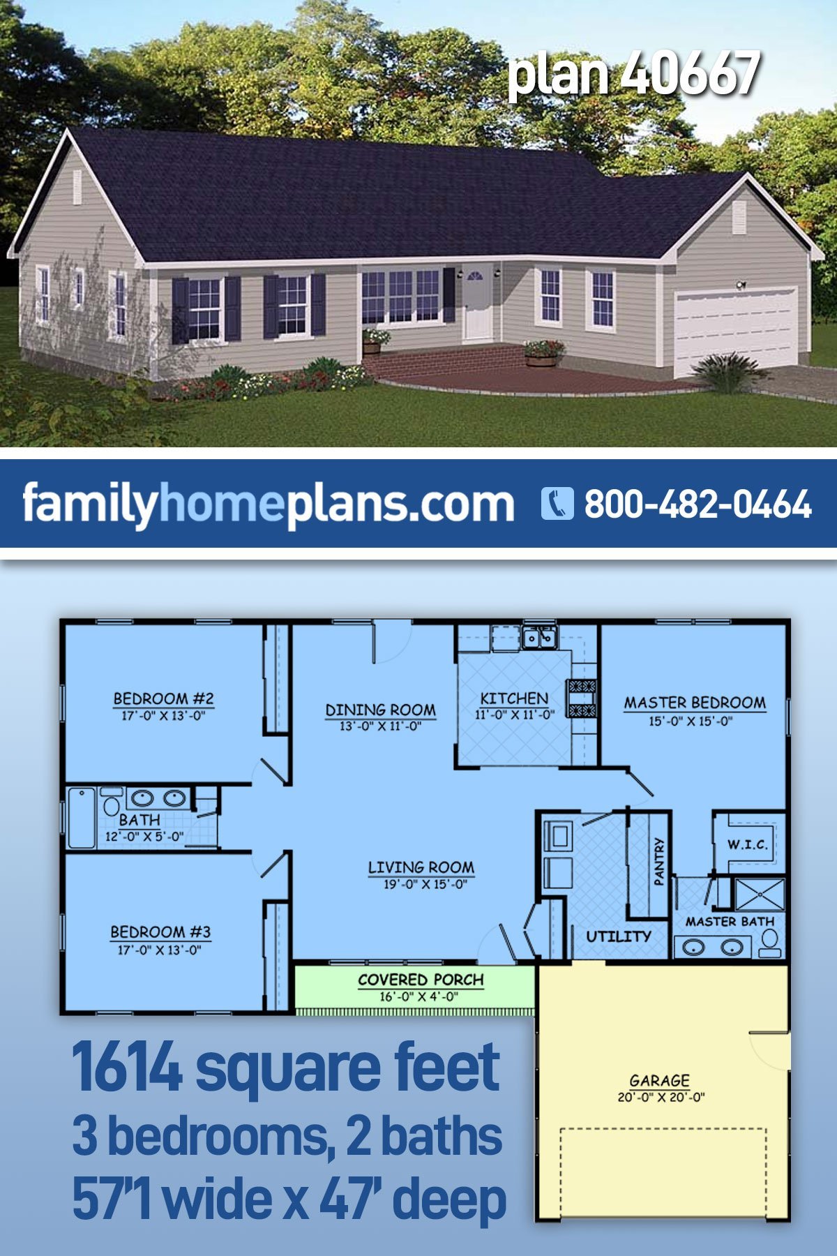 Plan 40667 | Simple Ranch Design with Garage