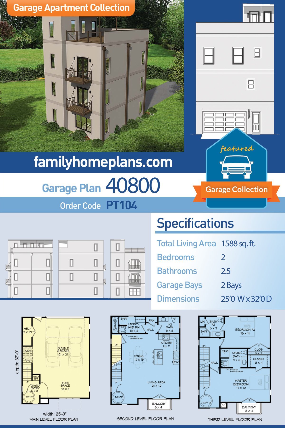 Plan 40800 Modern 4 Story Garage Apartment Plan with Amazing Roof Deck