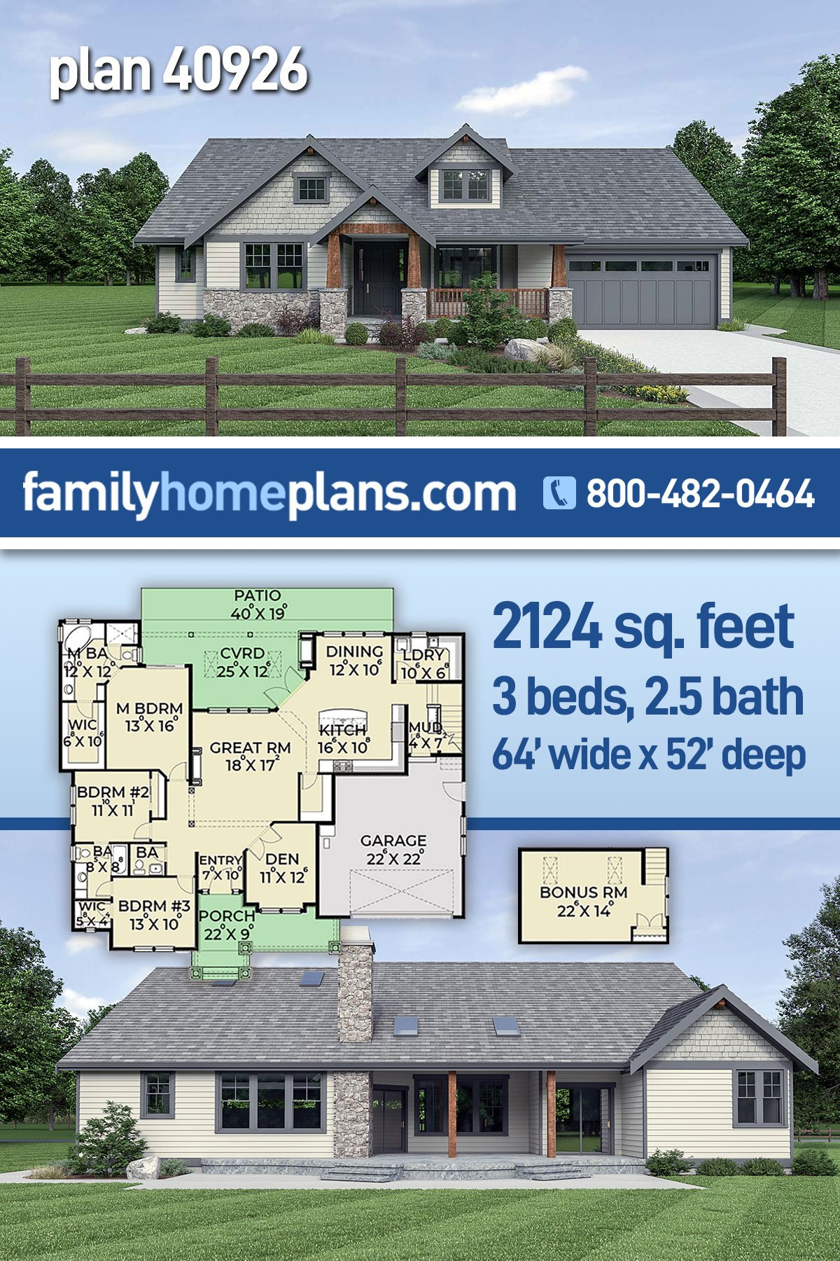 Plan 40926 | Craftsman Style with 3 Bed, 3 Bath, 2 Car Garage