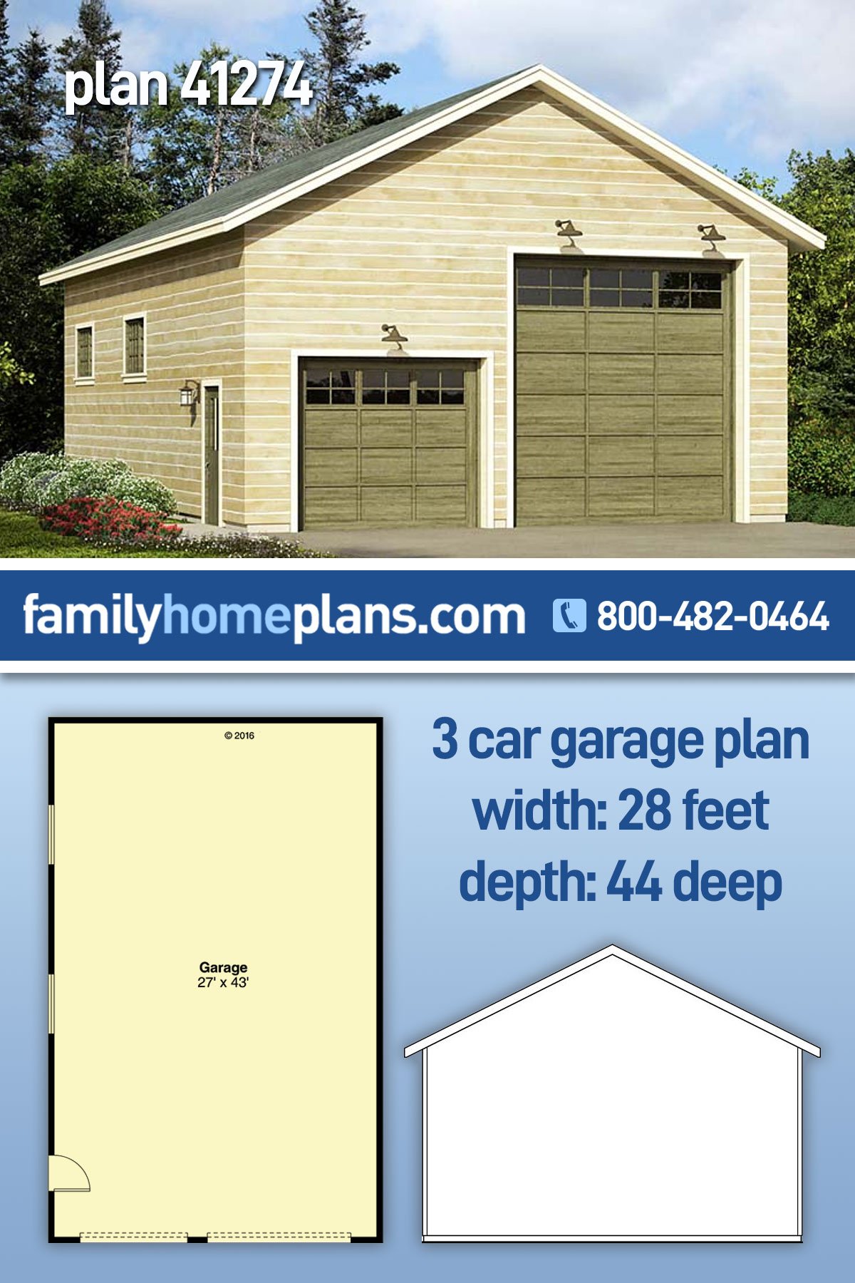 Garage Plan 41274 - 3 Car Garage