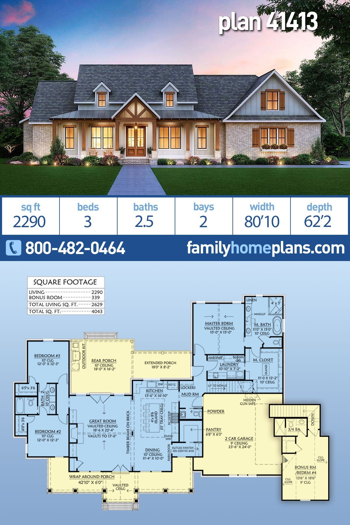 Cottage, Country, Craftsman, Farmhouse House Plan 41413 with 3 Bed, 3 Bath, 2 Car Garage