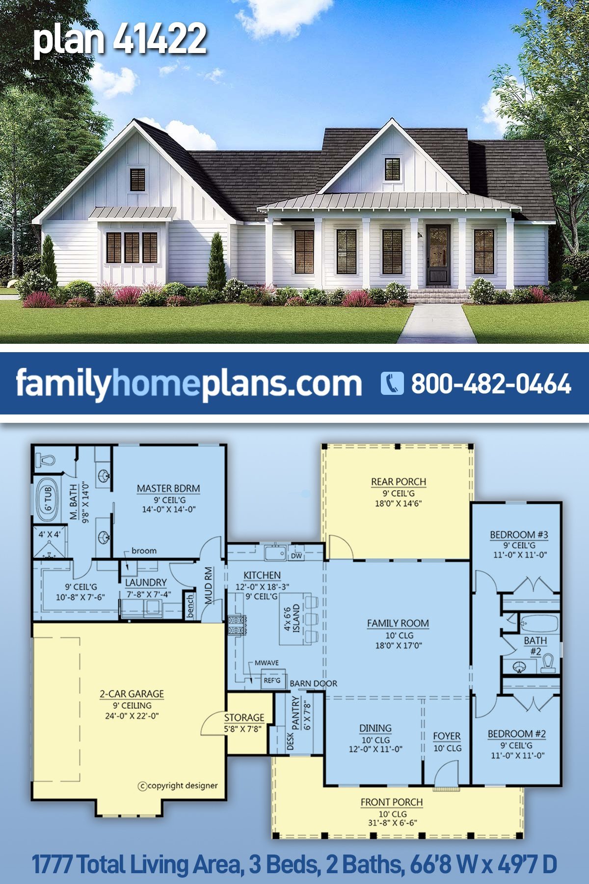 Plan 41422 | Country House Floor Plan with 1777 Sq Ft, 3 Bedrooms