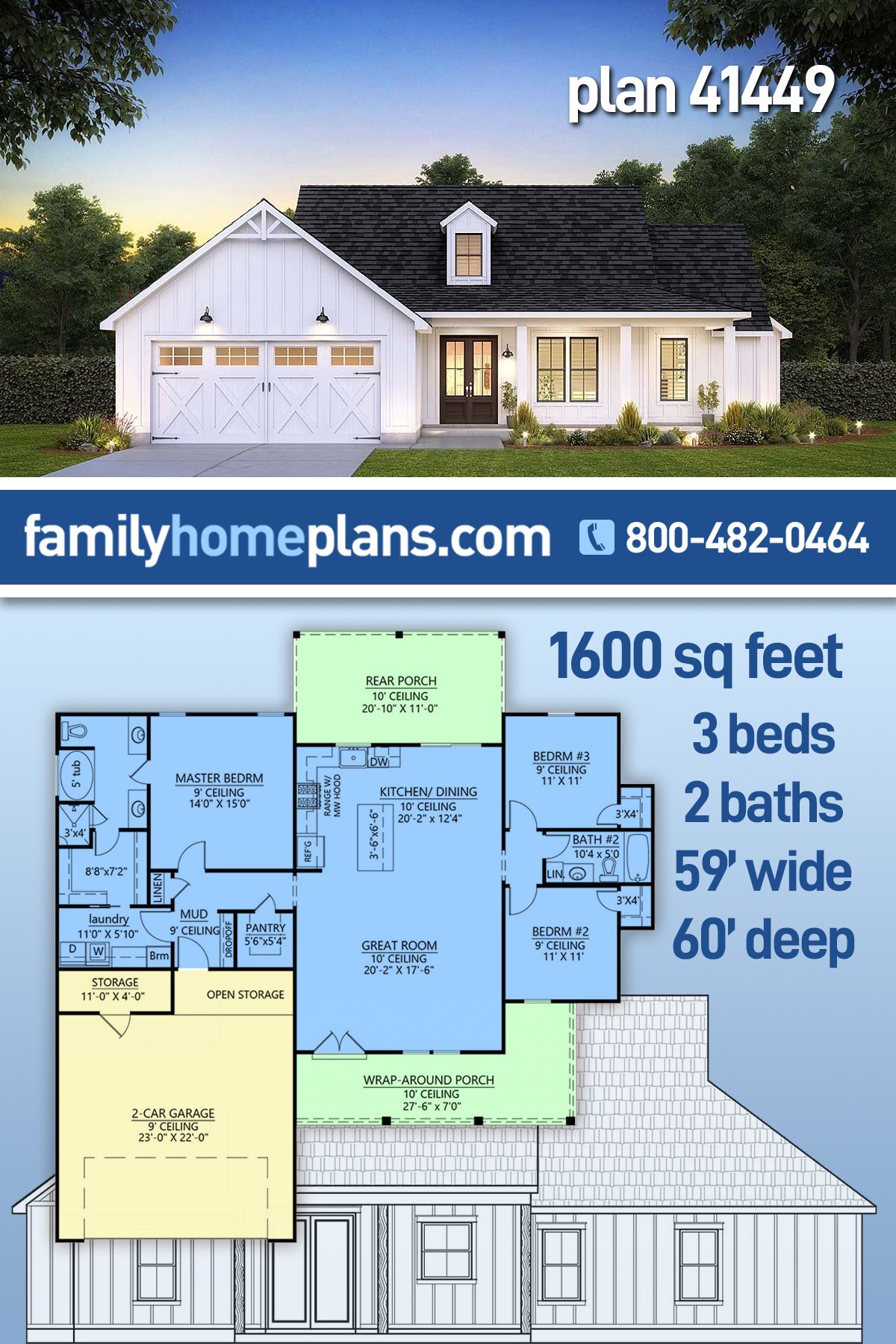 Plan 41449 | Modest Farmhouse Home with Great Appeal