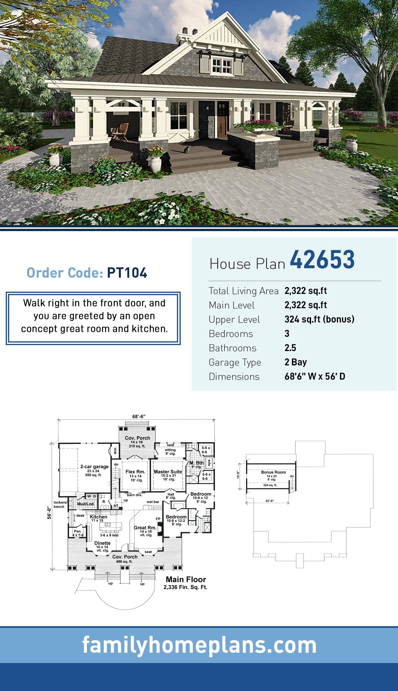 Plan 42653 | Craftsman Style with 3 Bed, 3 Bath, 2 Car Garage
