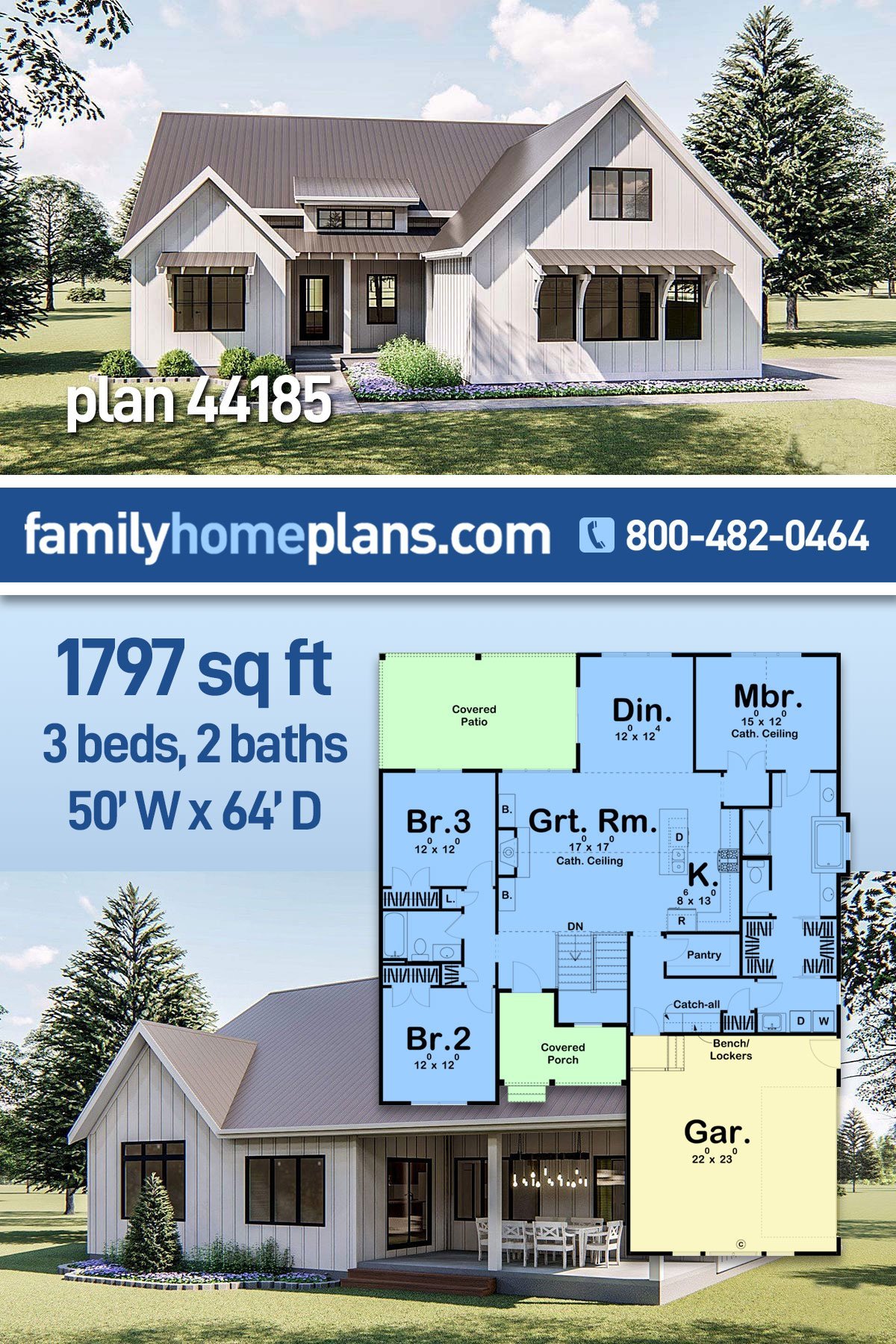 Country, Farmhouse, Southern, Traditional House Plan 44185 with 3 Bed, 2 Bath, 2 Car Garage