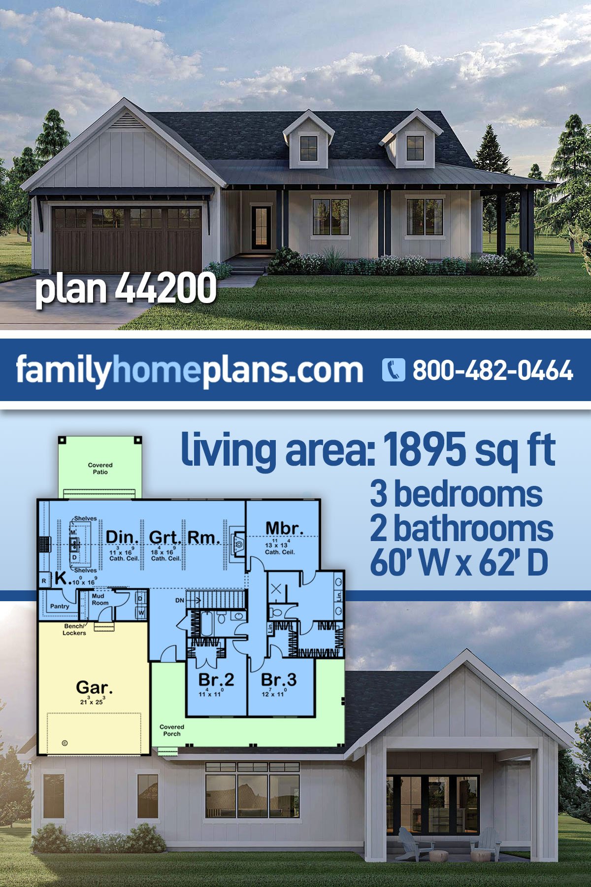 Plan 44200 | Traditional Style with 3 Bed, 2 Bath, 2 Car Garage