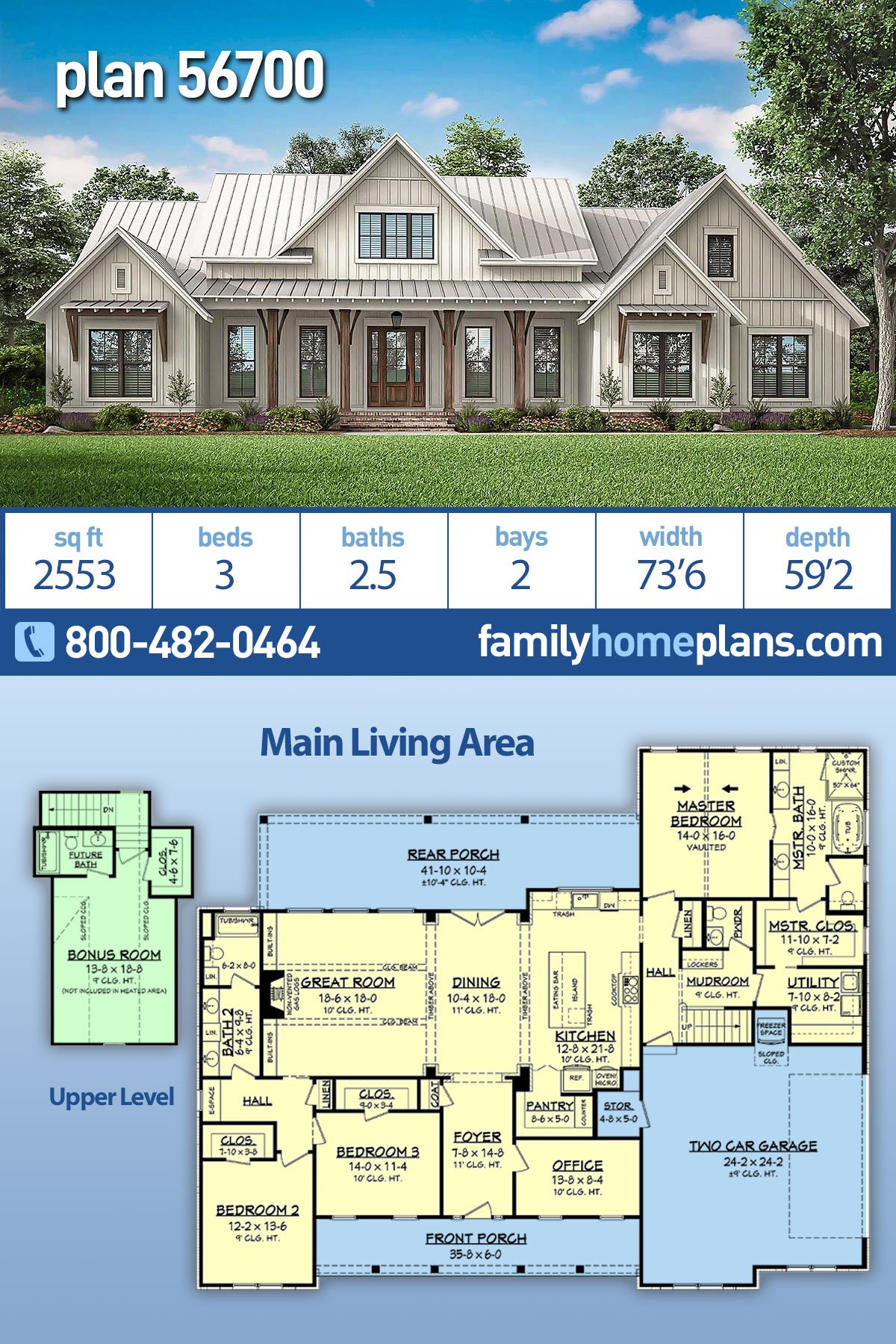 Country, Craftsman, Farmhouse House Plan 56700 with 3 Bed, 3 Bath, 2 Car Garage
