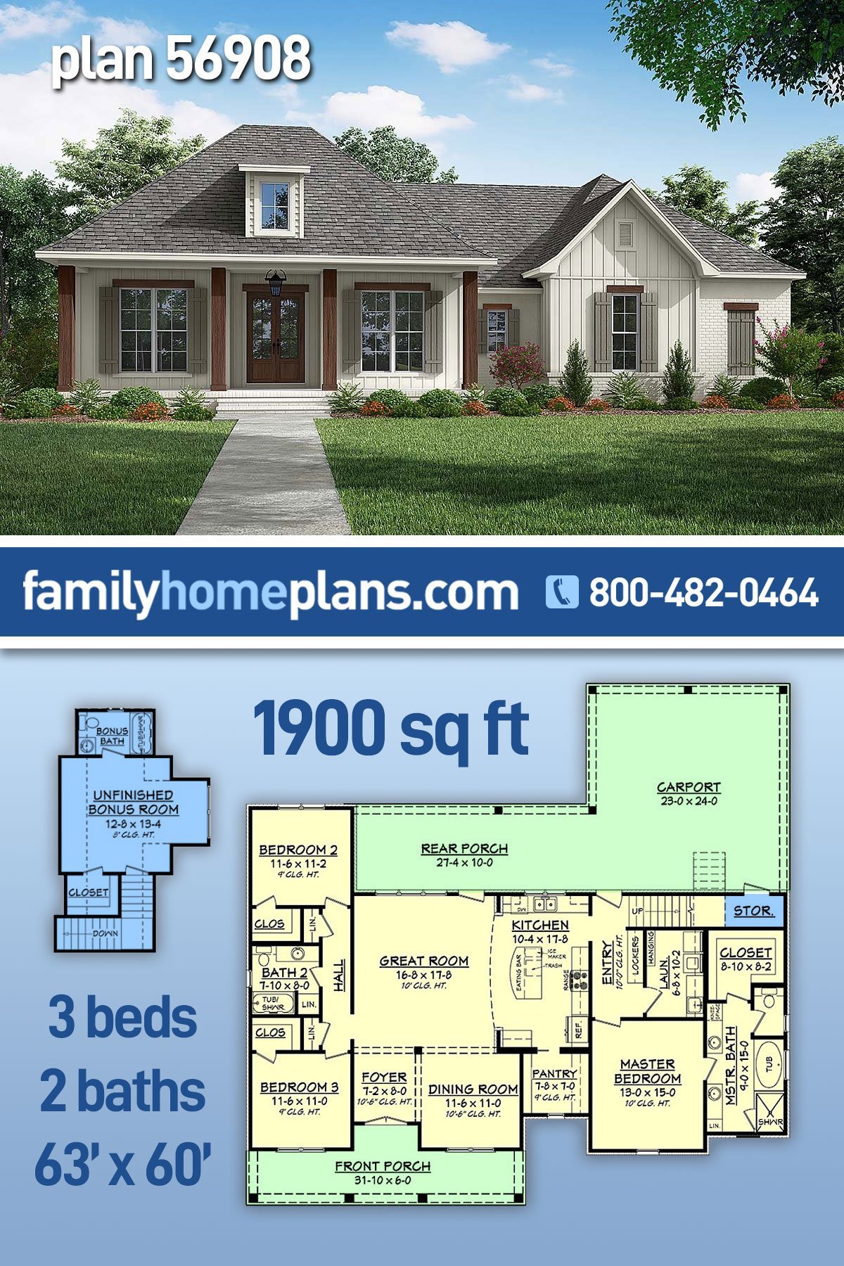 Acadian, Country, European, French Country, Southern House Plan 56908 with 3 Bed, 2 Bath, 2 Car Garage