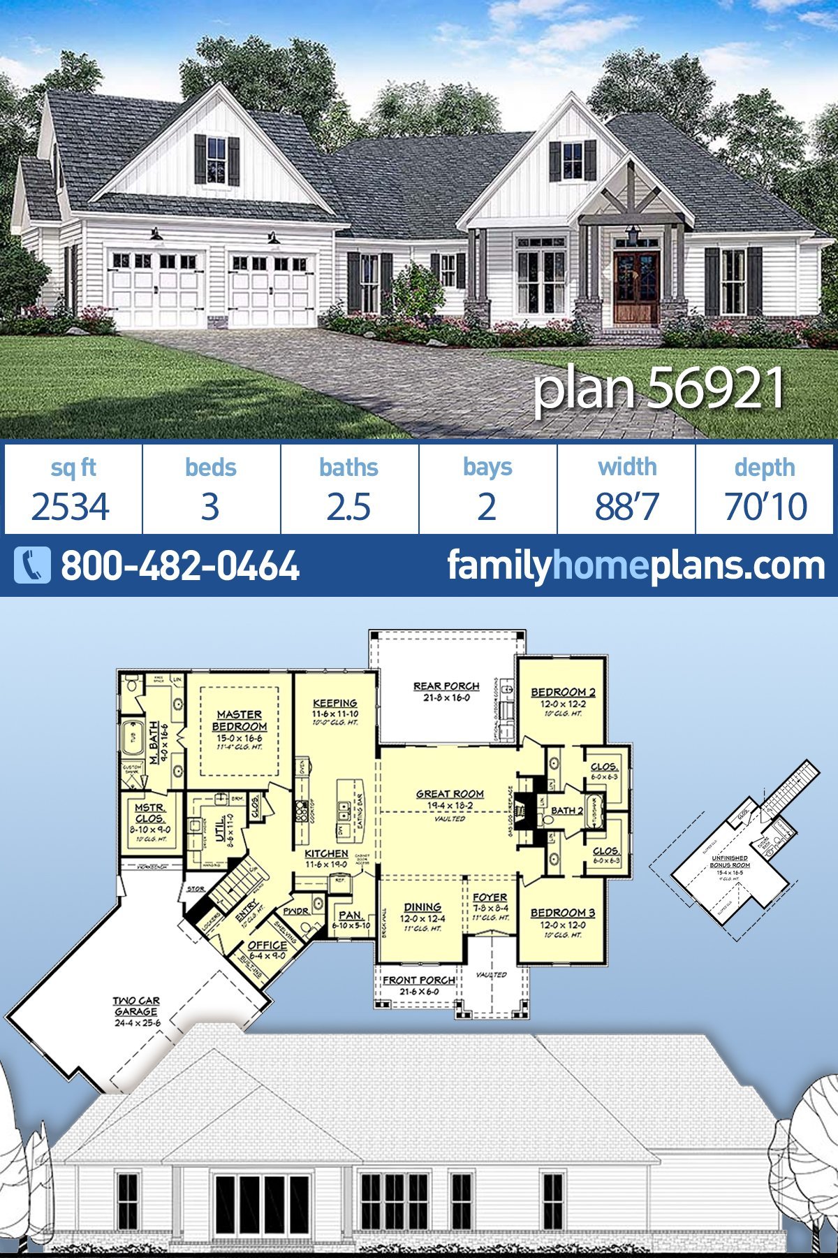 Plan 56921 | Contemporary Farmhouse Home Floor Plan with Three Bedrooms