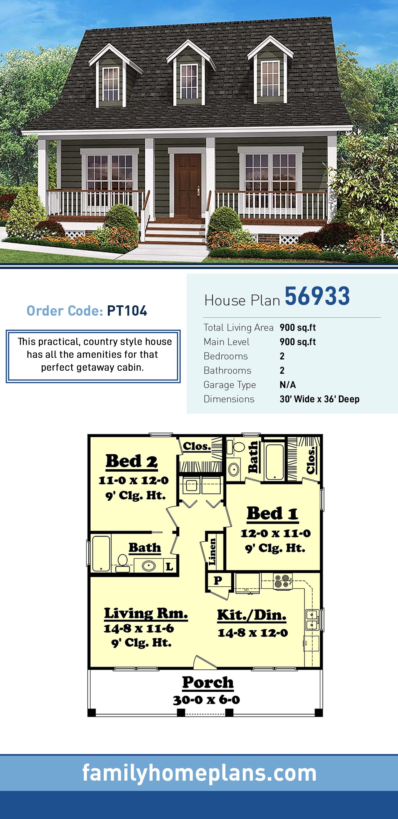 Plan 56933 | Practical 2 Bedroom Country Style House Plans