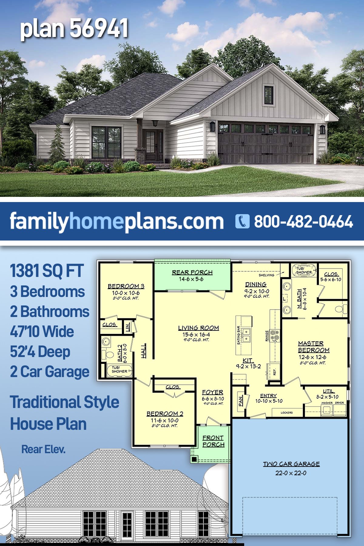 Plan 56941 | Traditional Three Bedroom, Two Bath House Plans with ...