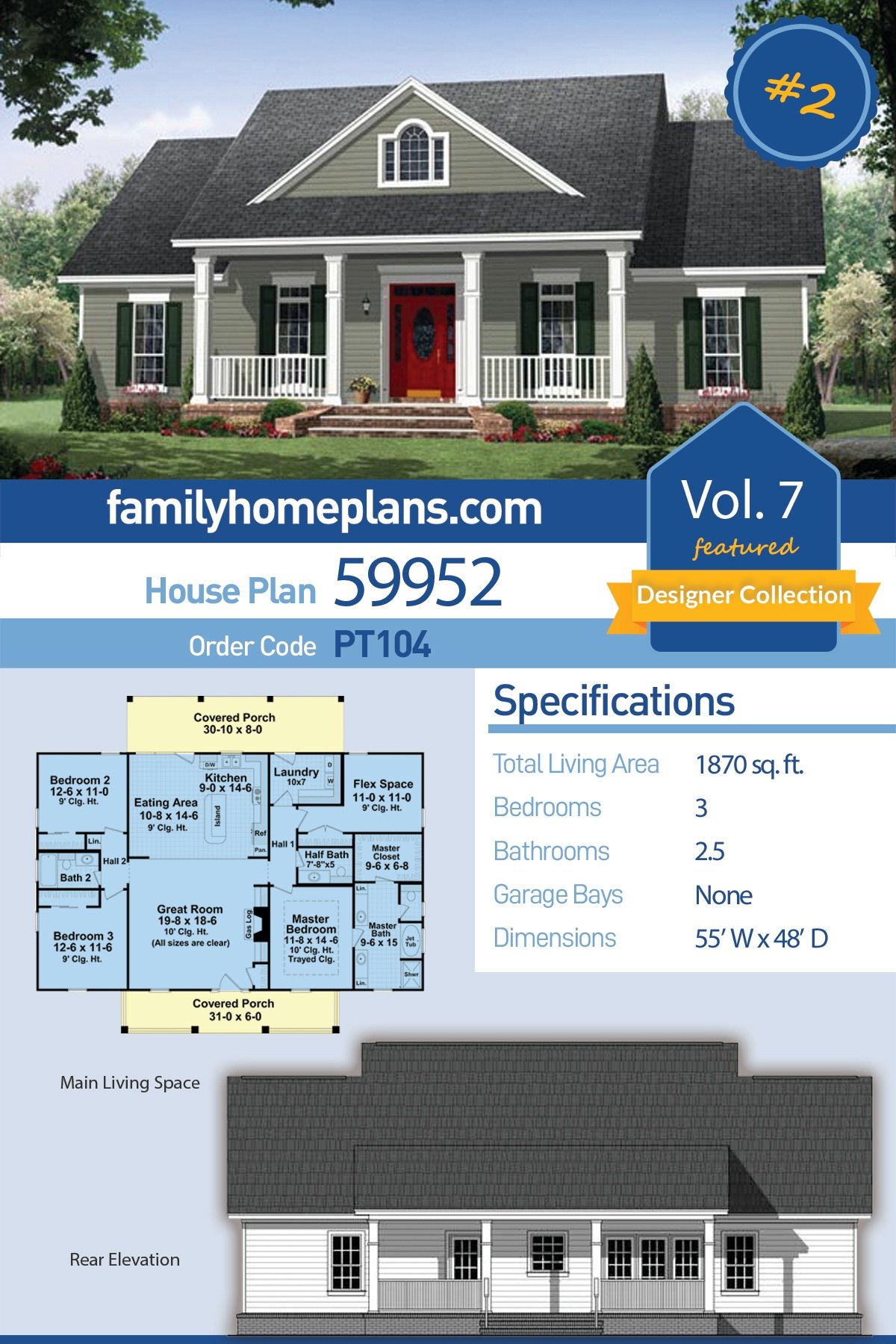 Plan 59952 Traditional Style With 3 Bed 3 Bath