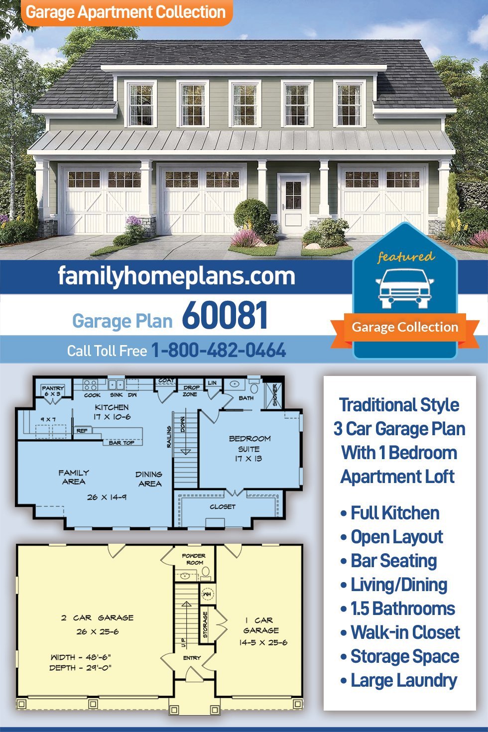 Garage Plan 60081 - 3 Car Garage Apartment