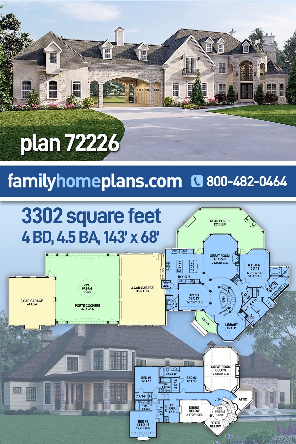 European, French Country House Plan 72226 with 5 Bed, 5 Bath, 5 Car Garage