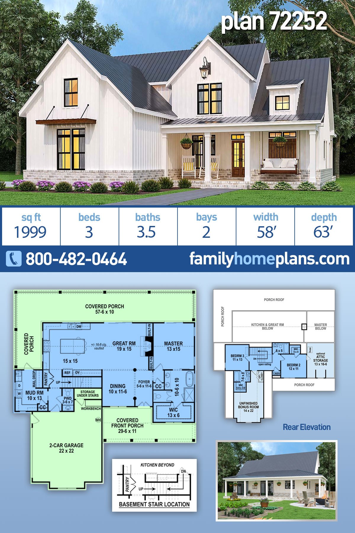Country, Farmhouse, Southern House Plan 72252 with 3 Bed, 4 Bath, 2 Car Garage