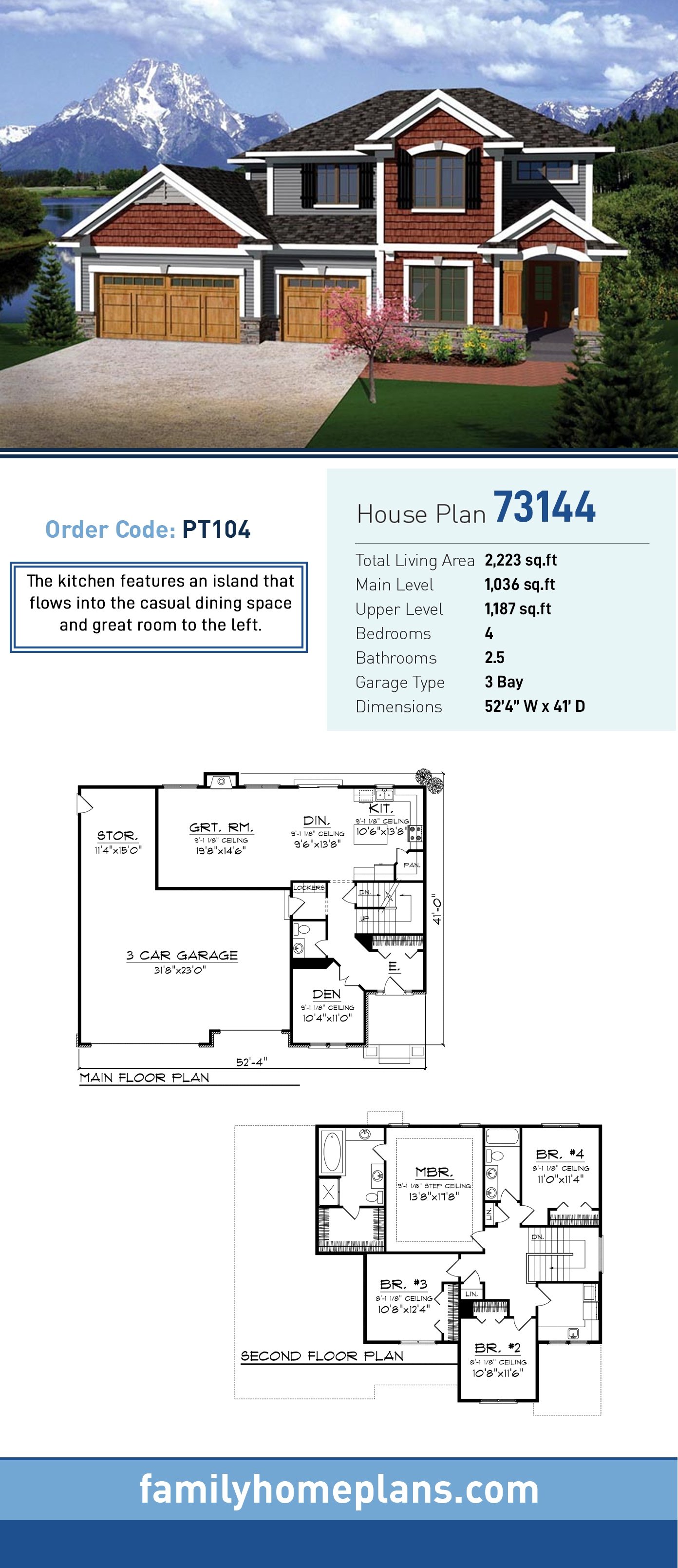 Prairie, Traditional House Plan 73144 with 4 Bed, 3 Bath, 3 Car Garage