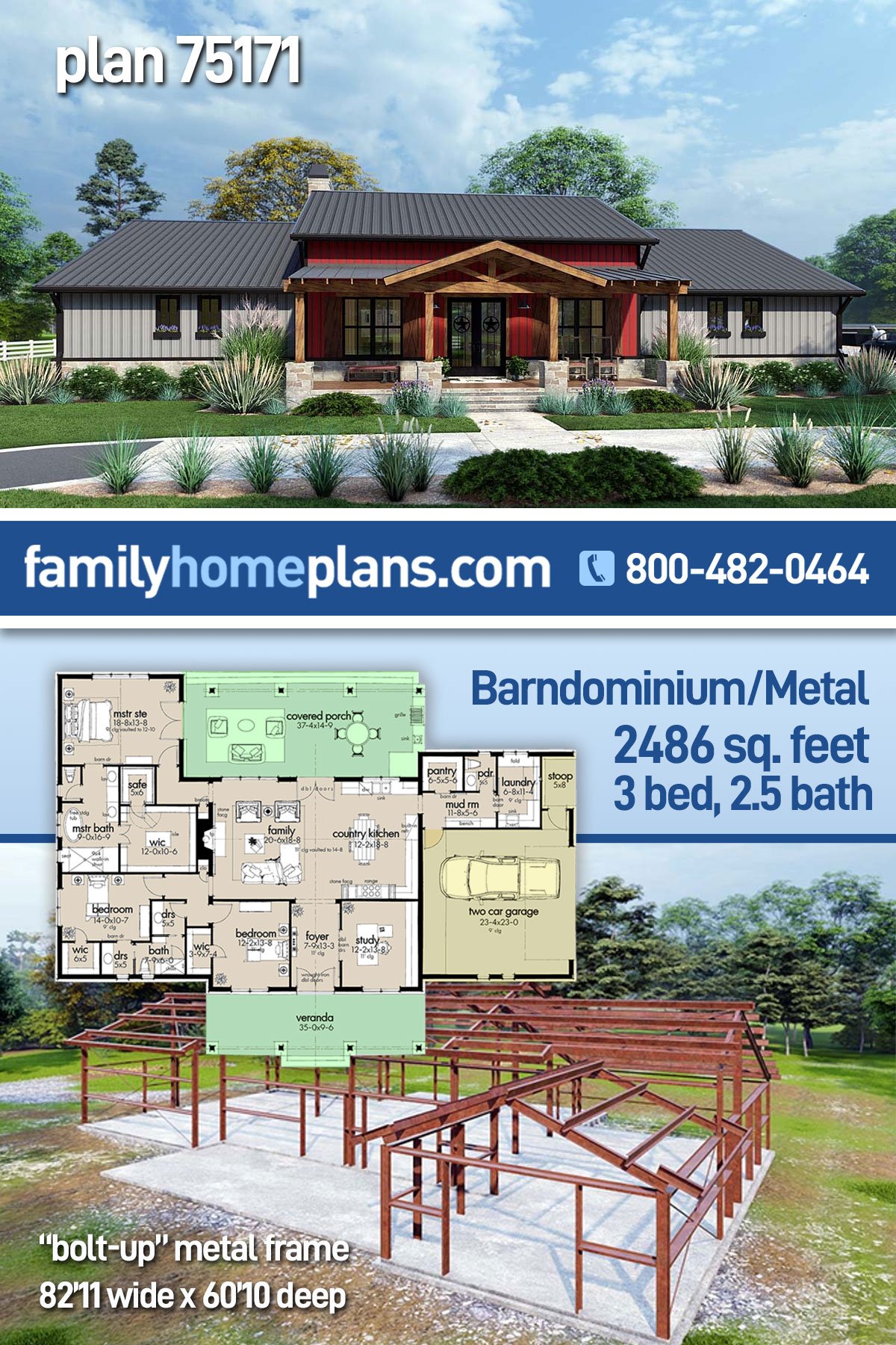 Plan 75171 | Metal Framed Farmhouse Style Plan With 2486 Sq Ft, 3