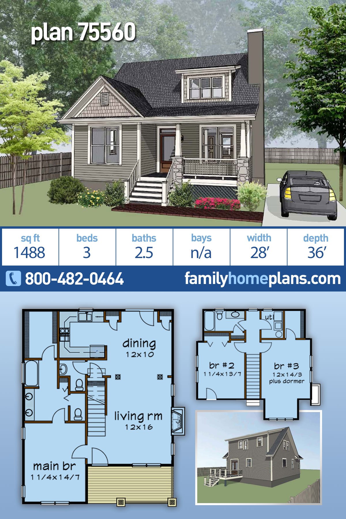 Plan 75560 | Craftsman Style Neighborhood House Plan #75560 | 3 Beds, 2 ...