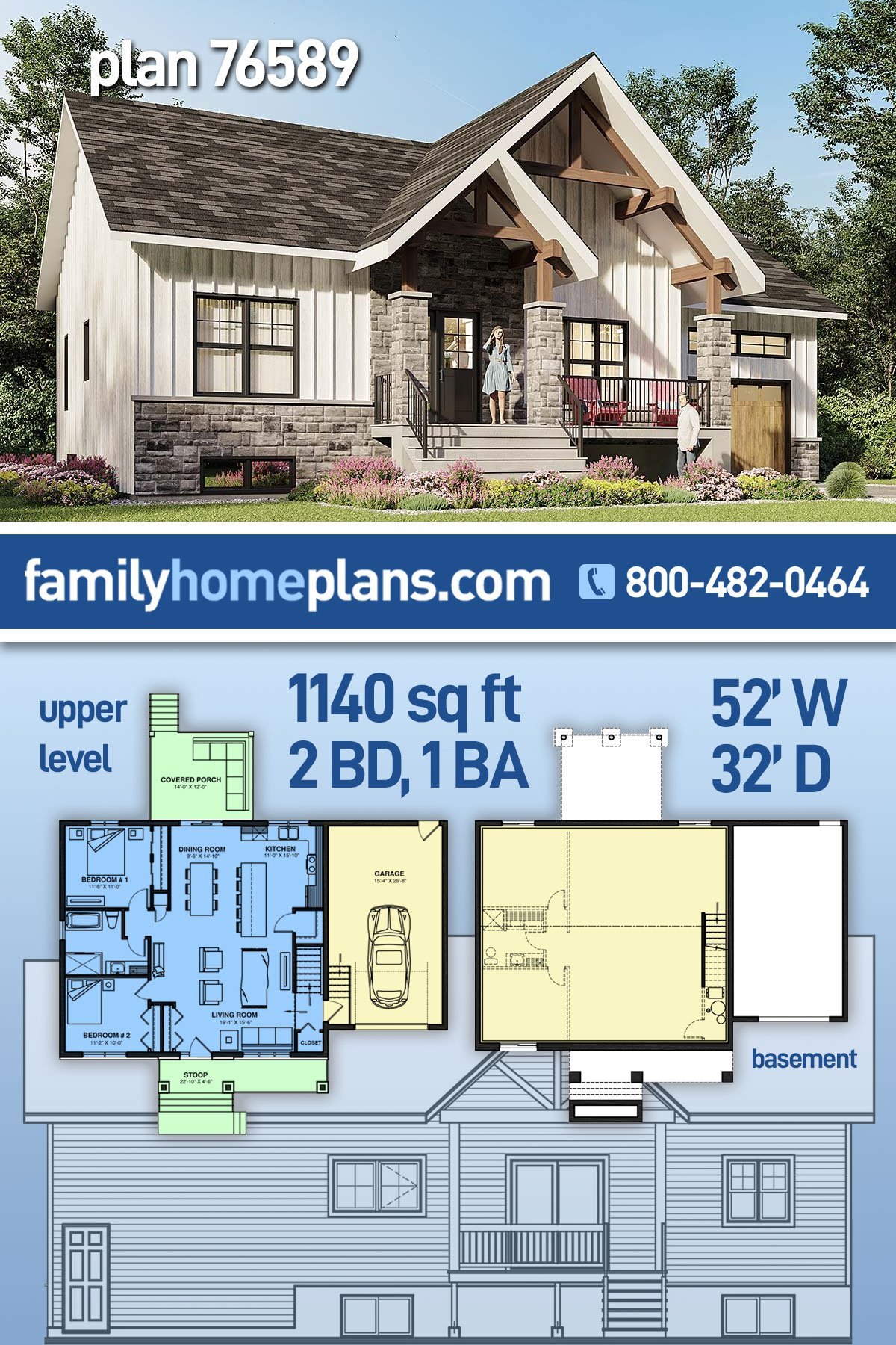 Plan 76589 | Ranch Style with 2 Bed, 1 Bath, 1 Car Garage