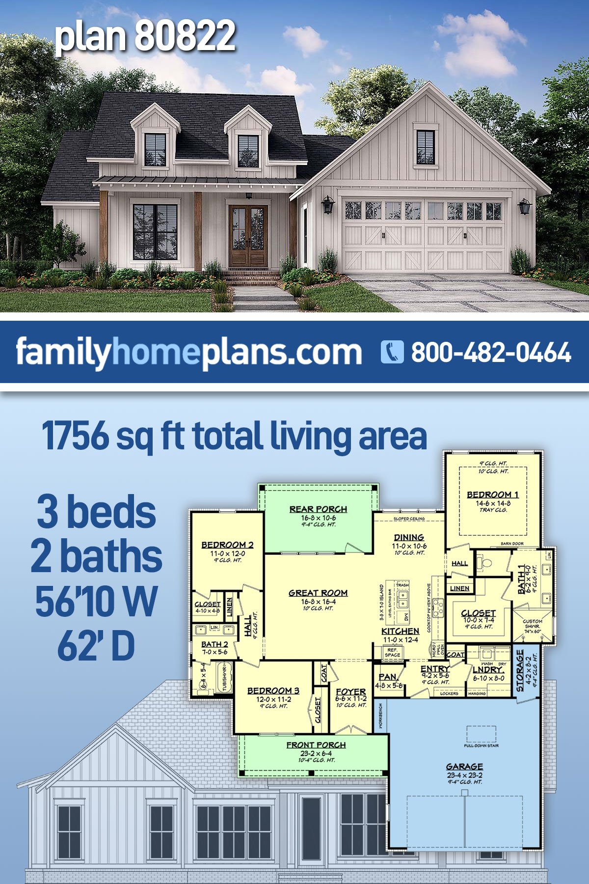 Plan 80822 | Traditional Style with 3 Bed, 2 Bath, 2 Car Garage