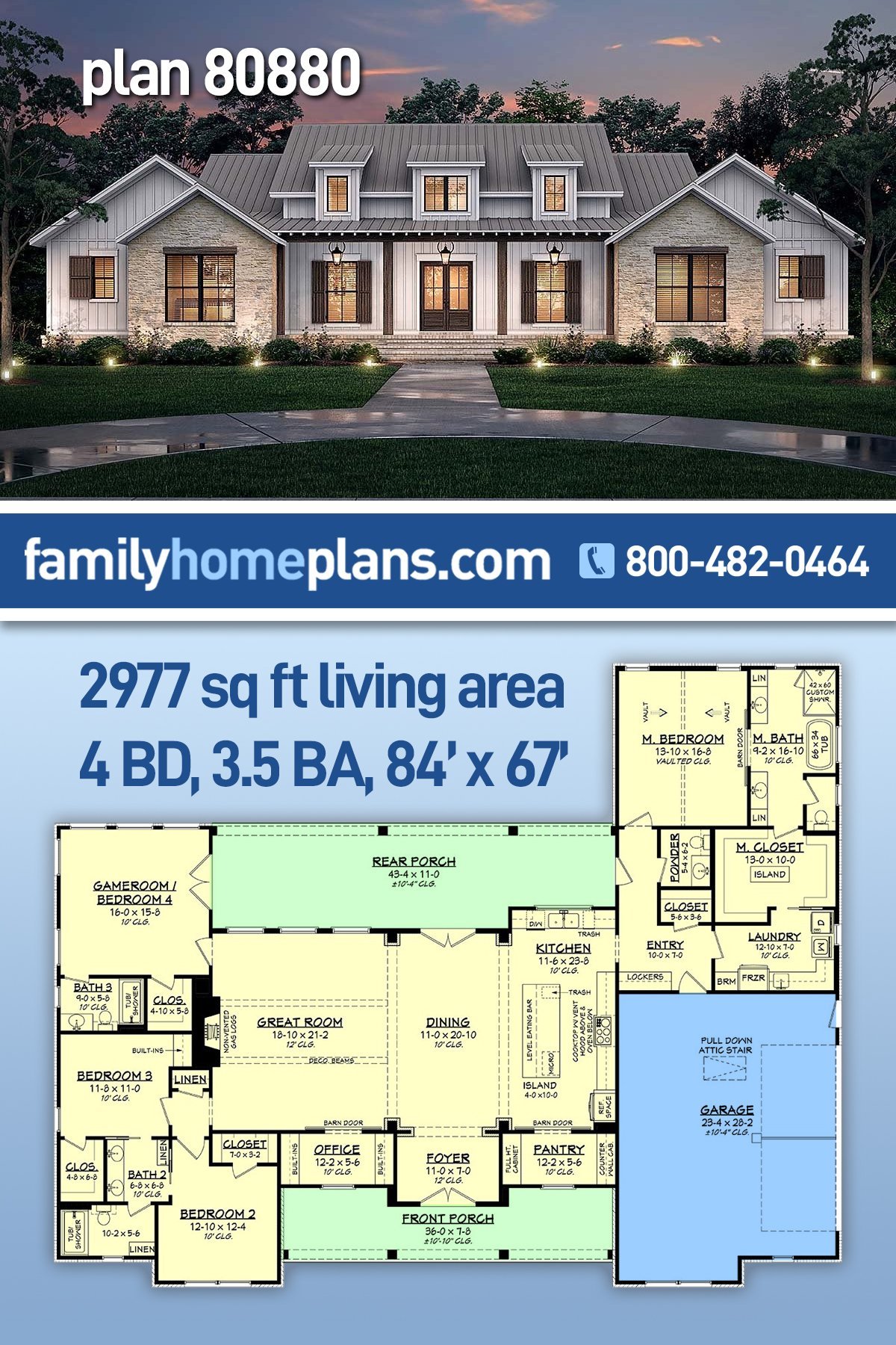 Plan 80880 | Sophisticated Modern Farmhouse with Split Bedrooms a